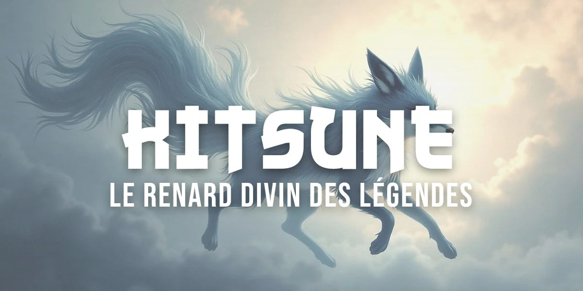 Estampe ukiyo-e représentant un kitsune à plusieurs queues dans les nuages mystiques