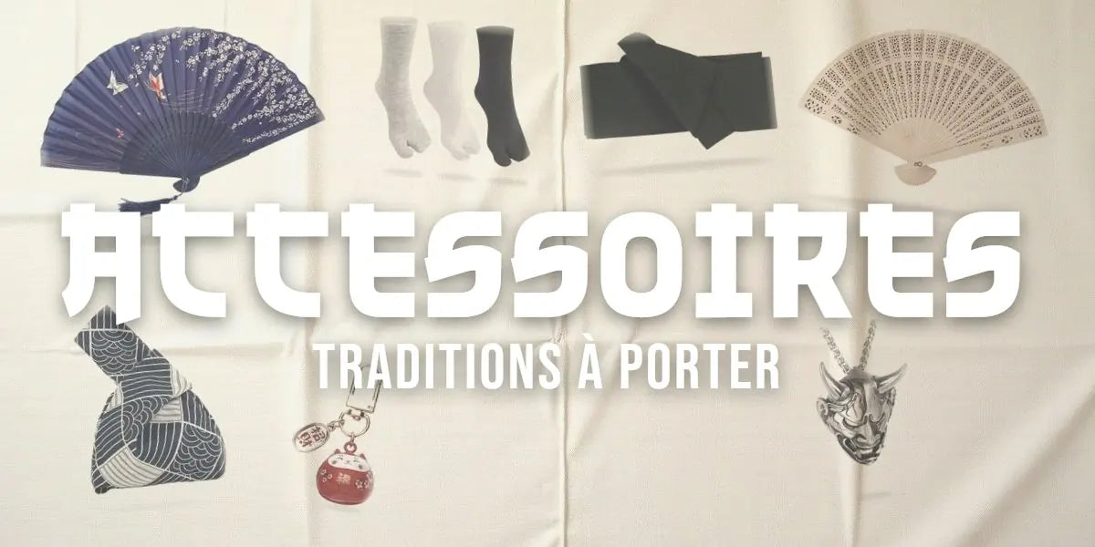 Sept accessoires japonais de la boutique à plat : éventails, chaussettes tabi, ceinture obi, sac knot, porte-clé maneki neko et pendentif hannya