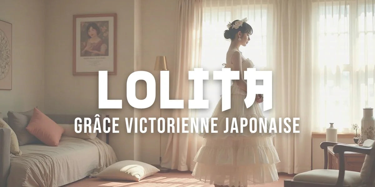 Jeune femme en tenue Lolita complète : jupe volantée, corsage ajusté, dentelle et accessoires raffinés, posée en intérieur chic