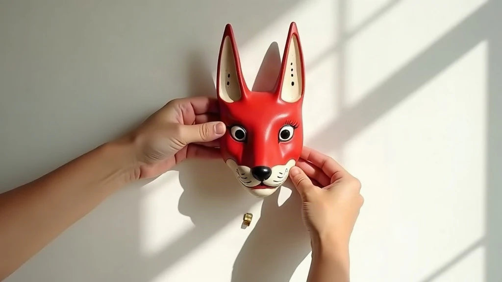 Masque Kitsune accroché au mur crème, intérieur minimaliste, lumière naturelle.