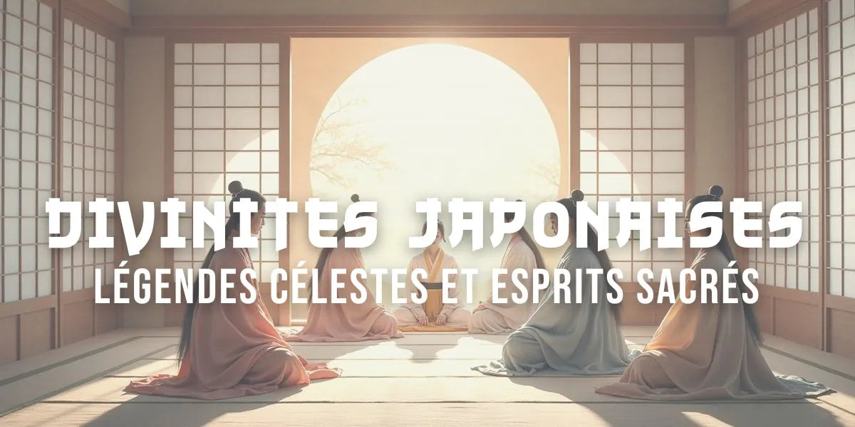 Peinture traditionnelle japonaise représentant diverses divinités et créatures mythologiques dans un style sumi-e.