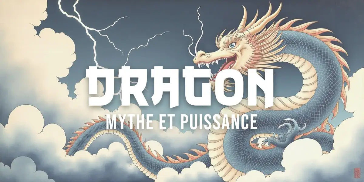 Estampe de dragon japonais traditionnel dans les nuages d'orage, écailles brillantes, style ukiyo-e