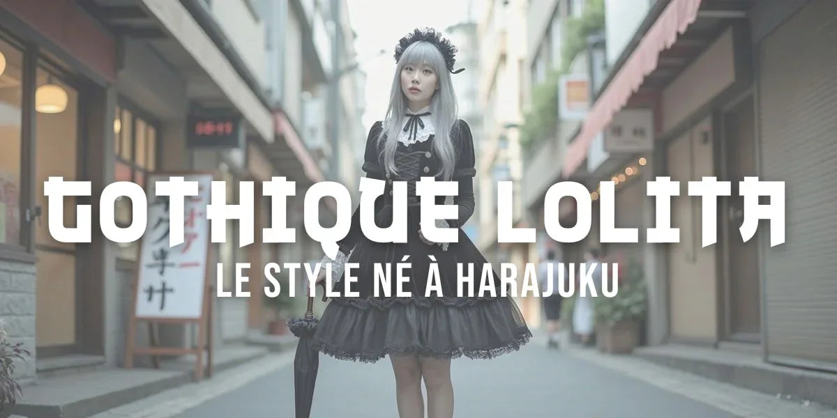 Jeune femme en tenue gothique lolita noire à volants dans une rue de Harajuku