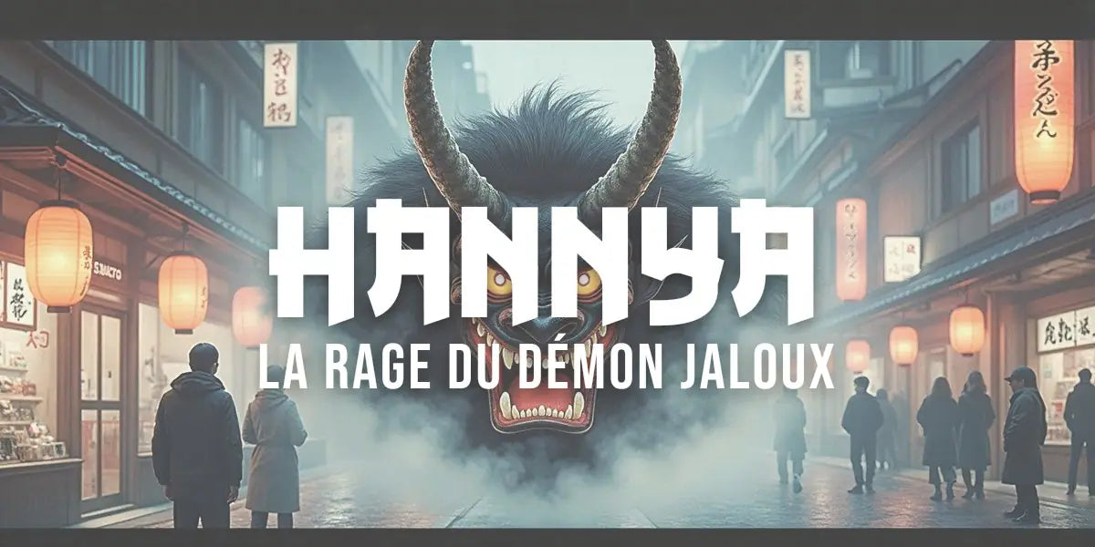 Masque Hannya traditionnel dans le style de la peinture japonaise classique, cornes recourbées, regard furieux.