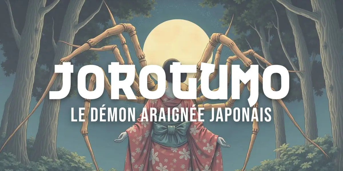 Estampe reprĂ©sentant la Jorogumo, femme-araignĂ©e du folklore japonais, sur sa toile en forĂȘt