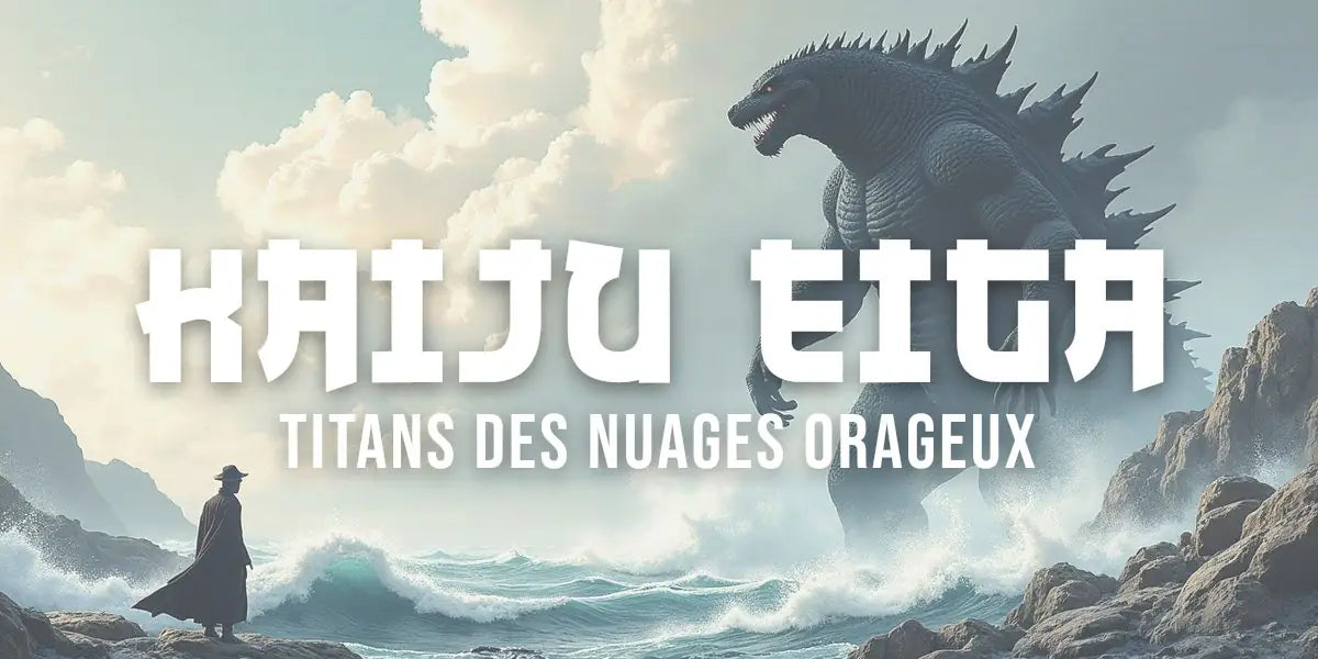 Un kaiju monumental stylisé à l'encre noire, émergeant des nuages tempétueux dans le style ukiyo-e traditionnel.