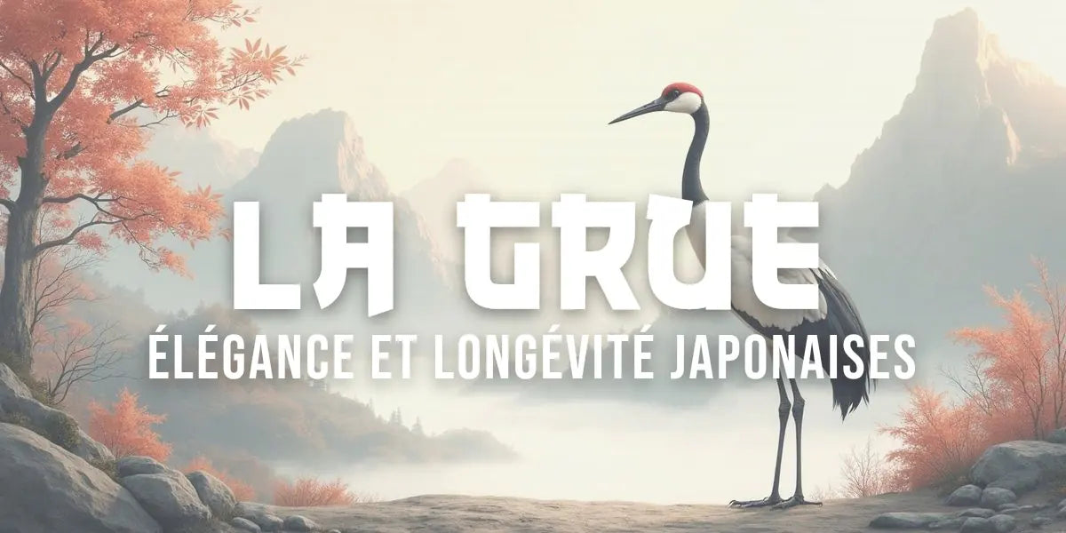 Grue japonaise peinte à l'encre sumi-e, posture majestueuse dans paysage brumeux