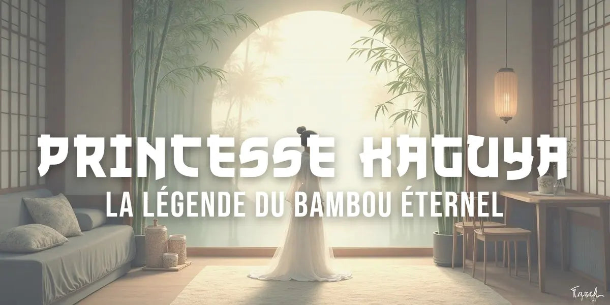 Estampe ukiyo-e illustrant la princesse Kaguya sortant d'une tige de bambou sous la lune
