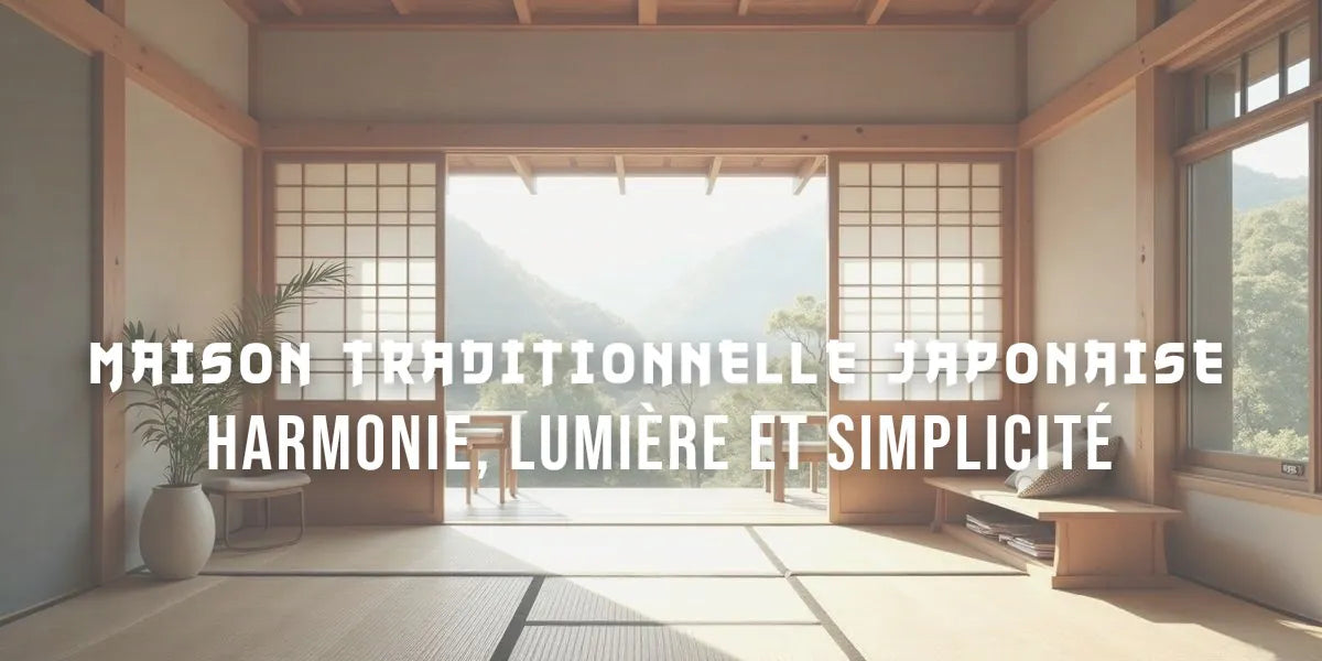 Intérieur de maison japonaise traditionnelle avec portes shoji, poutres bois et lumière douce