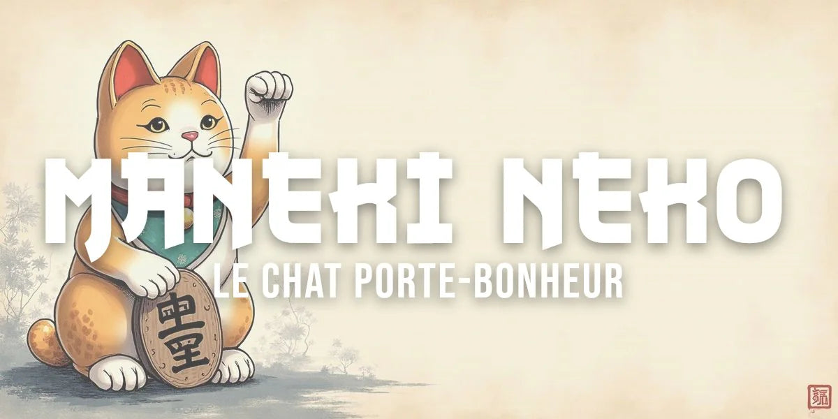 Illustration du Maneki Neko, chat blanc et doré levant la patte, symbole de chance japonaise