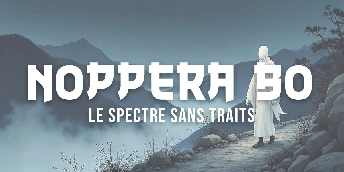 Estampe sumi-e d'un fantôme blanc sans visage dérivant sur un chemin de montagne la nuit