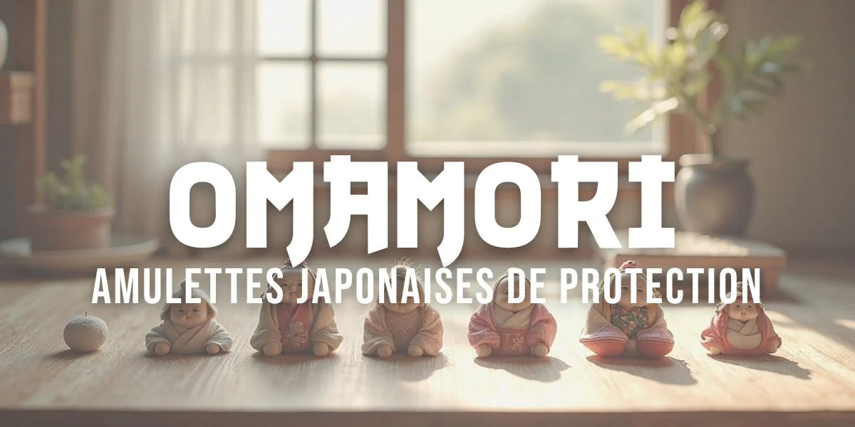 Collection d'omamori, talismans japonais colorés aux broderies fines, posés sur bois clair.