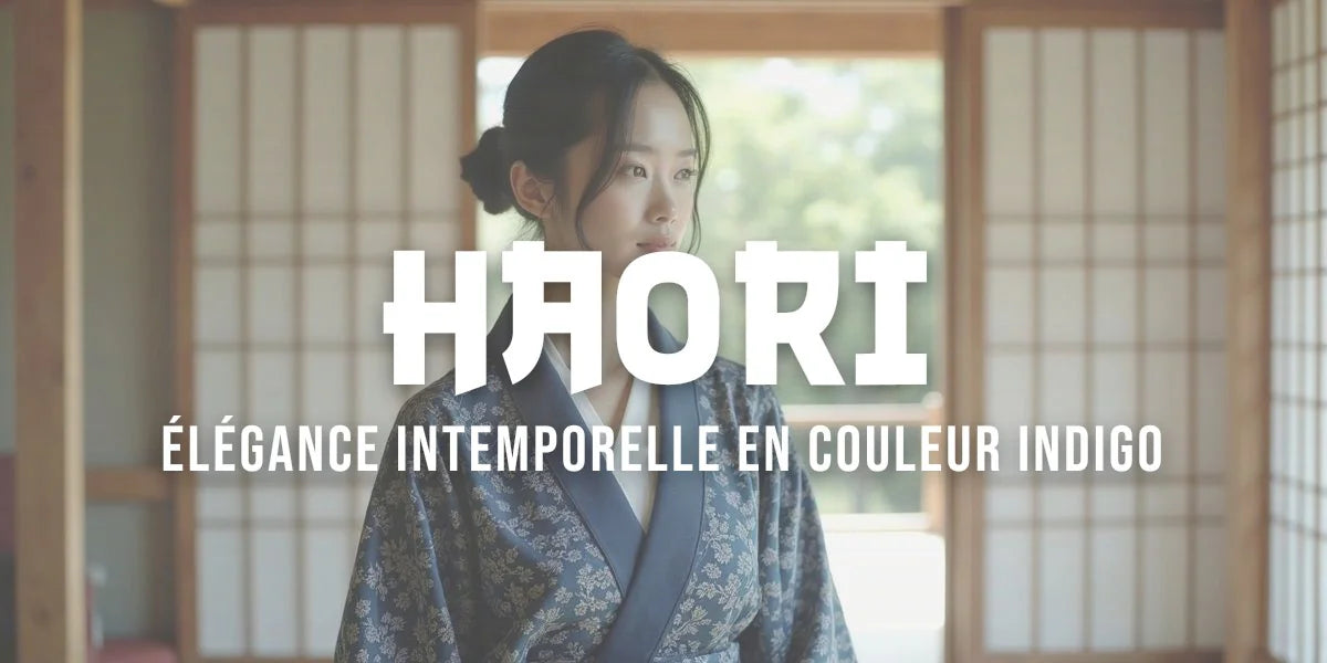 Femme portant un haori indigo traditionnel dans un jardin japonais baigné de lumière naturelle douce