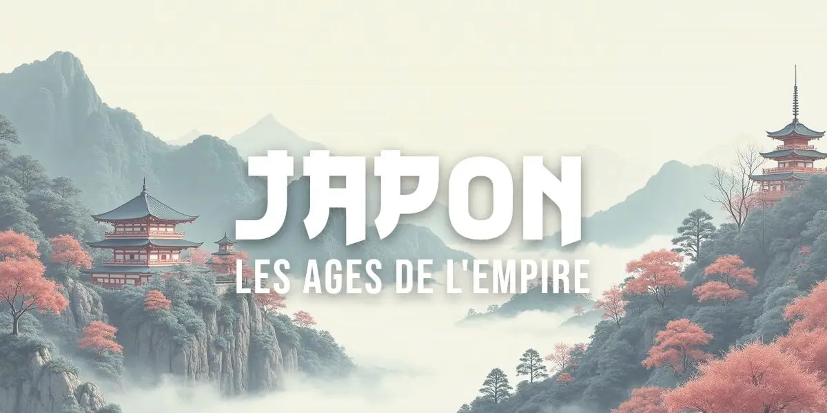 Estampe ukiyo-e montrant les périodes historiques du Japon en paysage montagneux traditionnel