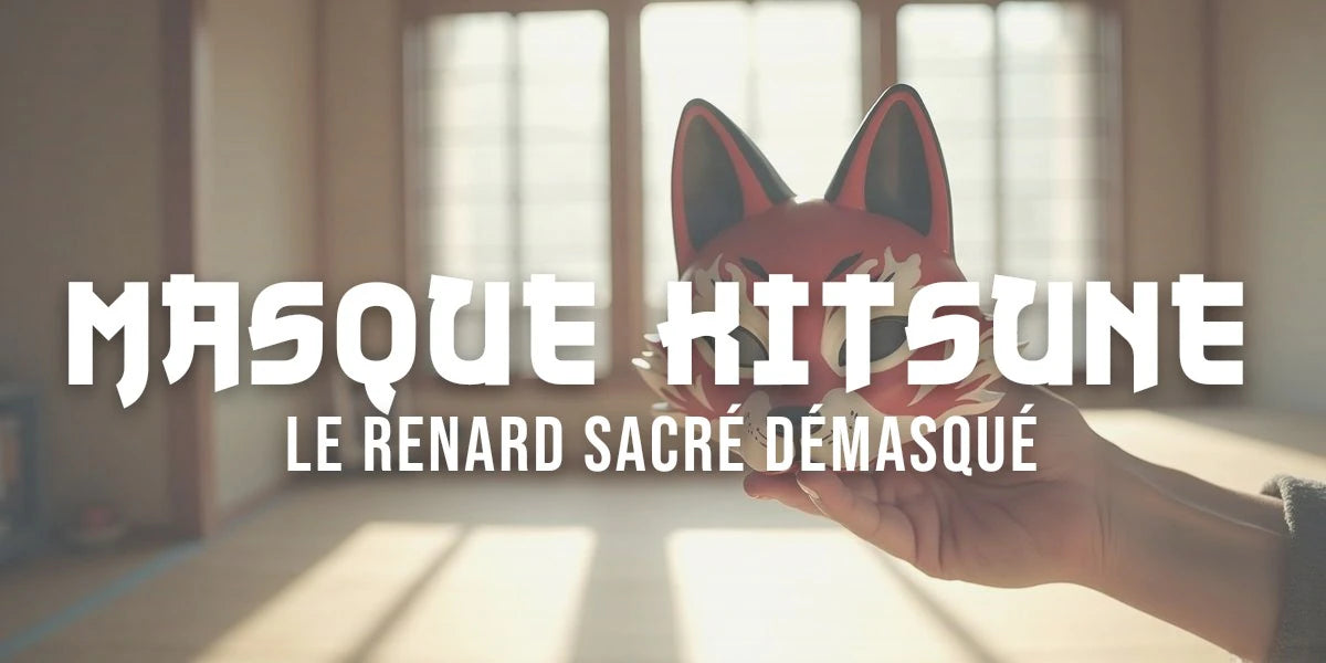 Masque Kitsune traditionnel peint en rouge et blanc, détails de renard japonais