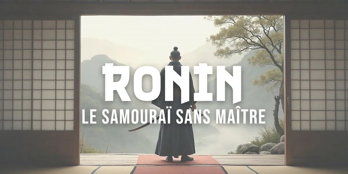 Estampe ukiyo-e représentant un ronin en armure sombre, katana en main, dans un paysage montagneux brumeux
