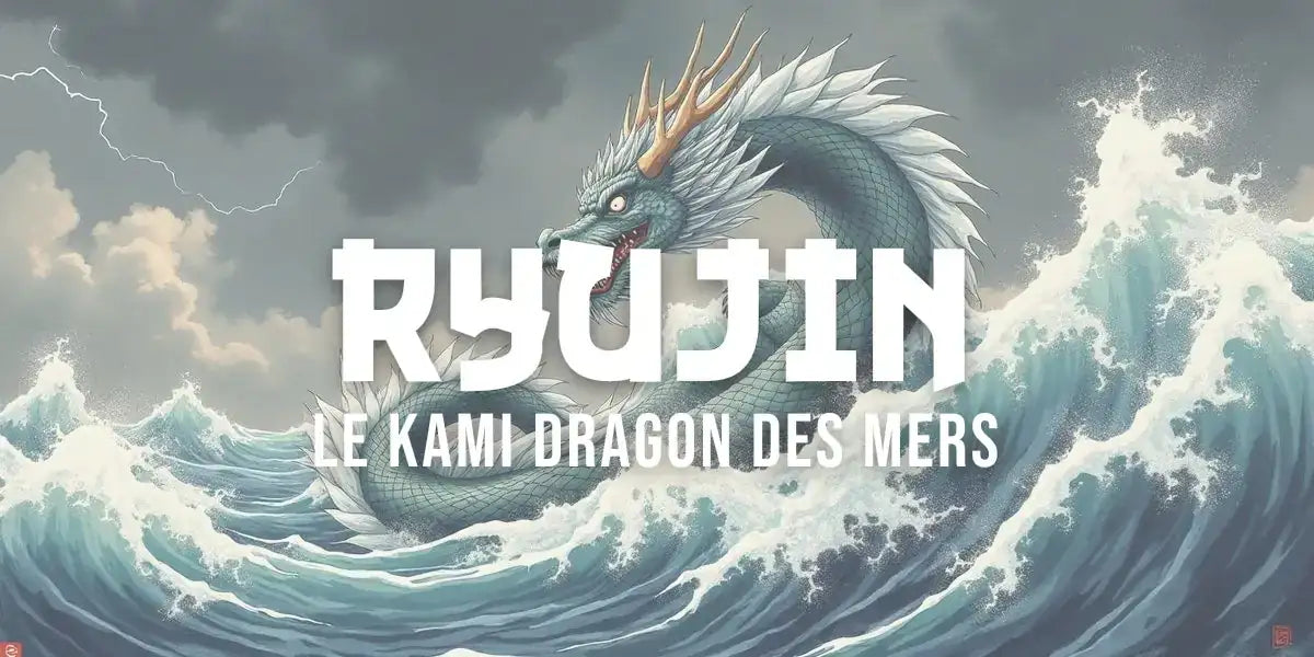 Illustration à la manière d'une estampe : Ryujin, le kami dragon, jaillit d'une mer démontée