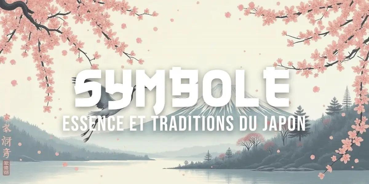 Estampe japonaise traditionnelle avec grue, Mont Fuji, fleurs de sakura et caractères sacrés