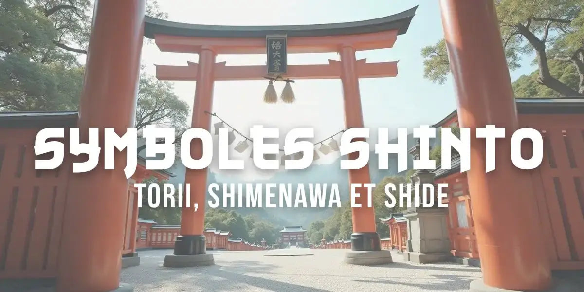 Torii vermillon avec sa corde shimenawa et ses papiers shide devant un sanctuaire shintō
