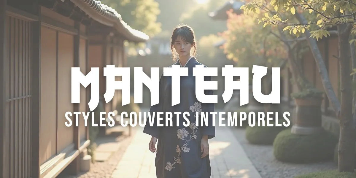 Femme portant un haori indigo traditionnel dans un jardin japonais classique illuminé par la lumière d'or de l'après-midi