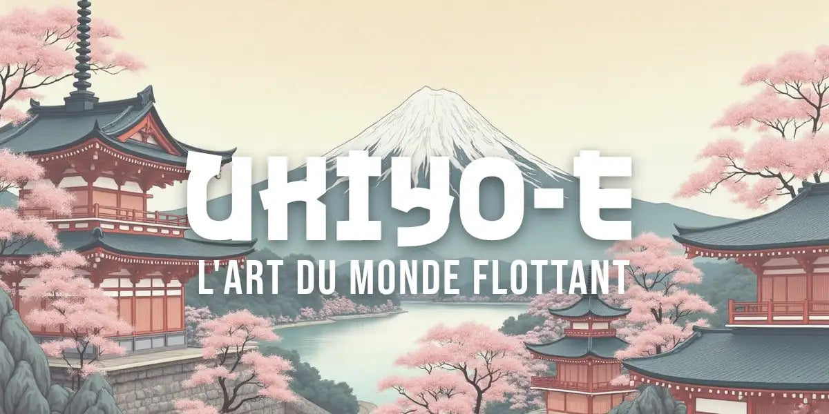 Estampe ukiyo-e classique montrant Mont Fuji, fleurs de cerisier et paysage japonais traditionnel