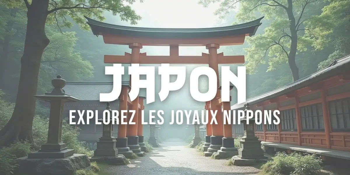 Sanctuaire montagneux avec torii vermillon, cèdres ancestraux et lanternes de pierre dans la brume matinale