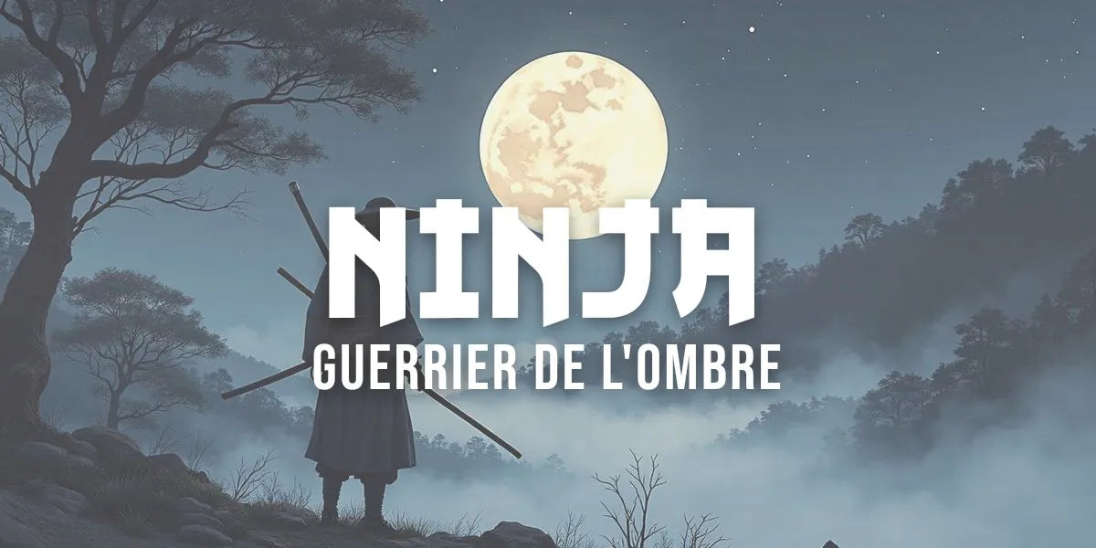 Silhouette de ninja dans les ombres nocturnes, style traditionnel sumi-e japonais, lune et brume