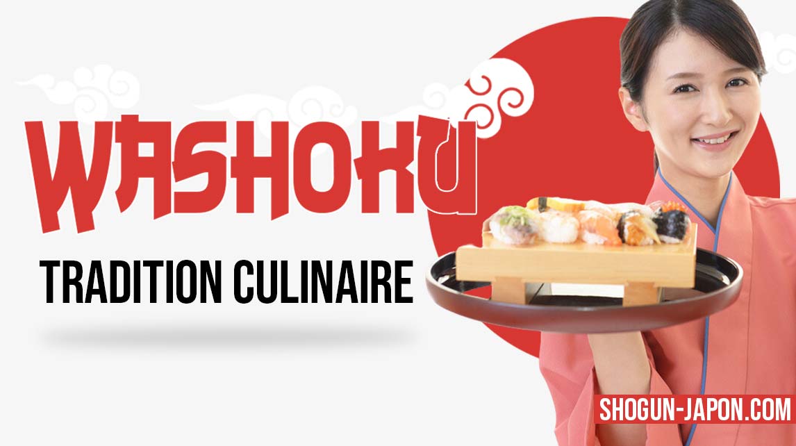 washoku est la cuisine japonaise. Une femme en kimono tient un plateau de sushi