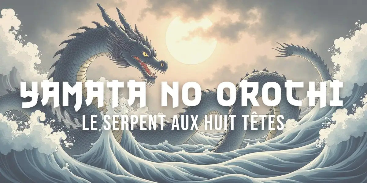 Dragon mythologique aux huit têtes émergeant des nuages, estampe japonaise ancienne, style sumi-e.