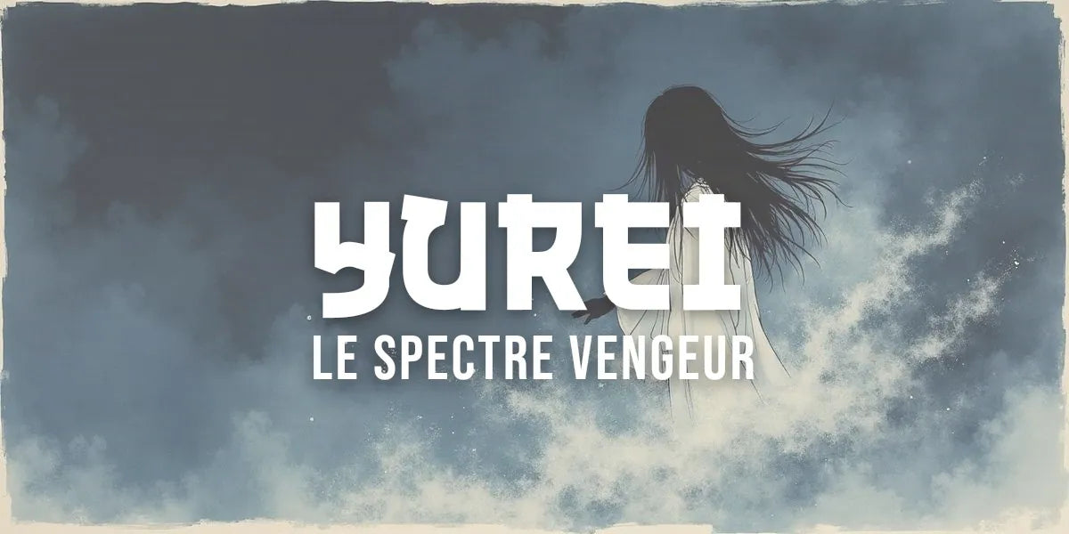 Peinture traditionnelle japonaise d'un yurei spectral vêtu d'un kimono blanc, cheveux noirs flottants, dans la brume nocturne
