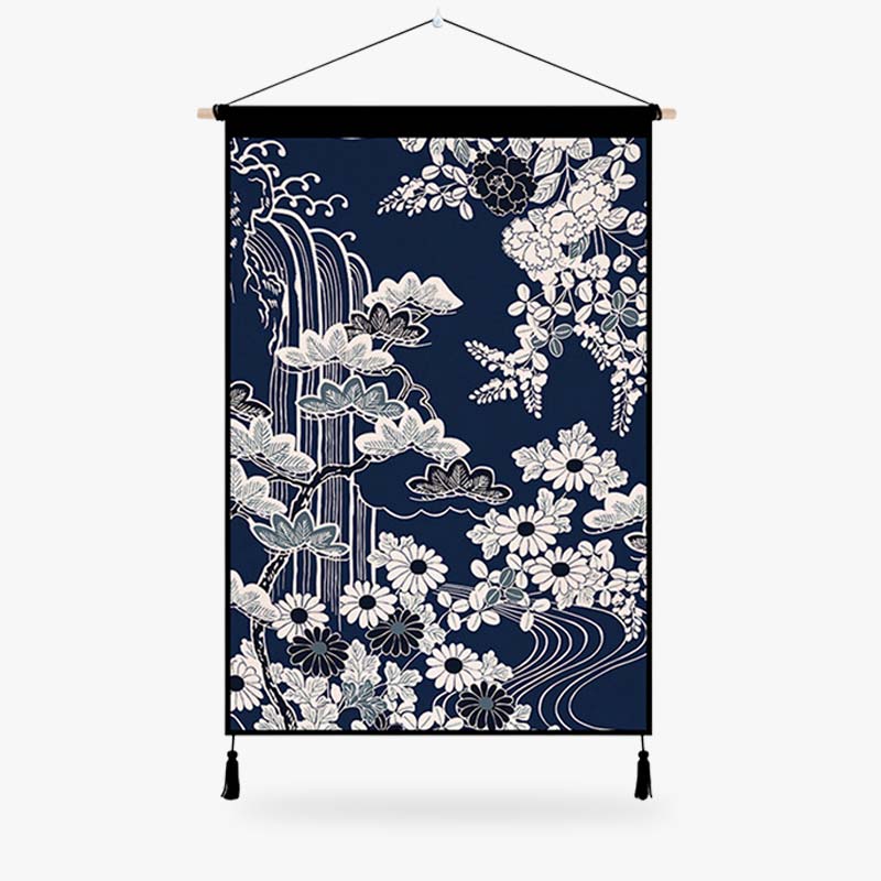 Ce Grand tableau japonais zen est une illustration avec des fleurs. Une décoration murale en forme de kakemono et matière canva