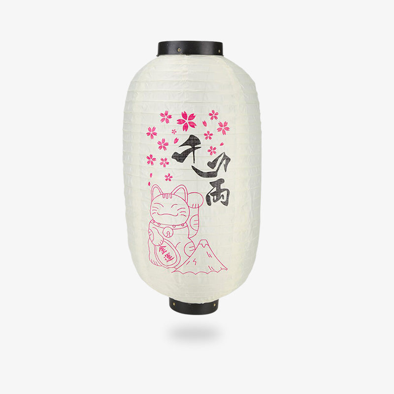 Cette Lanterne japonaise jardin zen est un objet de décoration unique avec un motif de chat maneki neko, le mont fuji et un kanji. La matière de la lampe est blanc