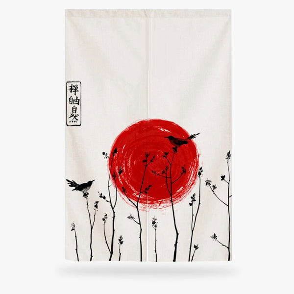 Ce noren japonais porte de couleur blanche avec un motif de cercle rouge s'utilise comme un rideau pour séparer une porte
