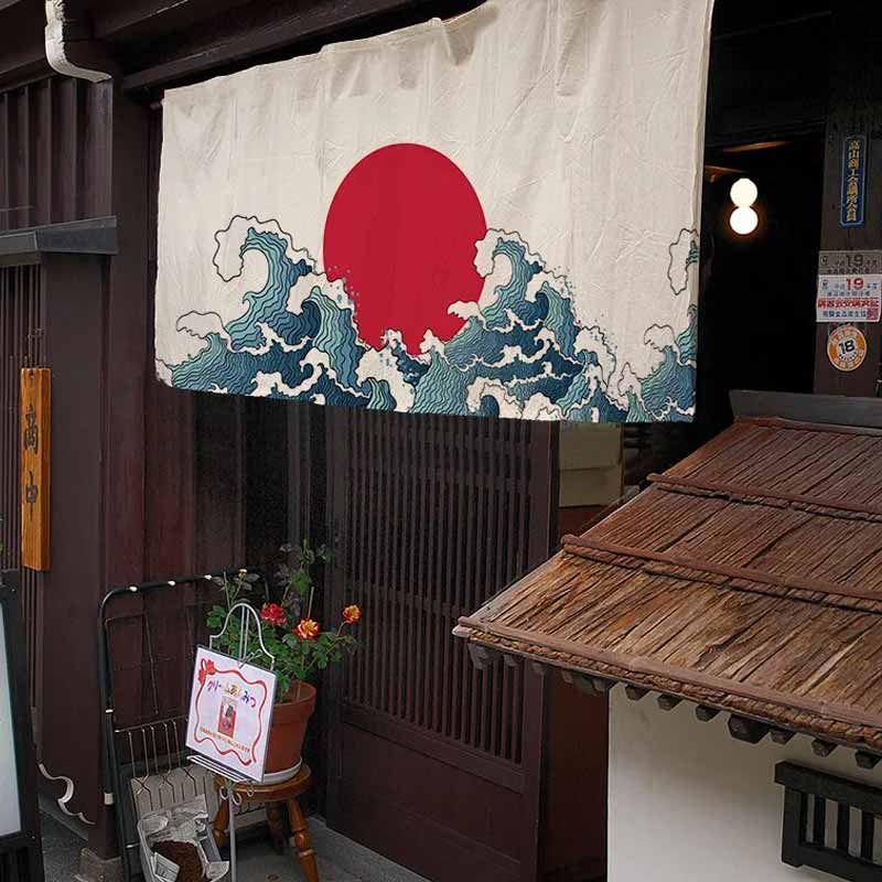 CE Noren rideau japonais motif vague s'attache à l'entrée d'un izakaya ou d'un restaurant japonais