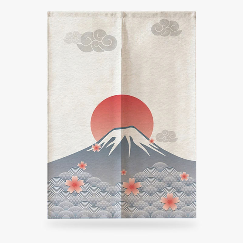 CE noren japon fuji est décoré avec des symboles japonais comme le disque rouge et des motifs traditionnels