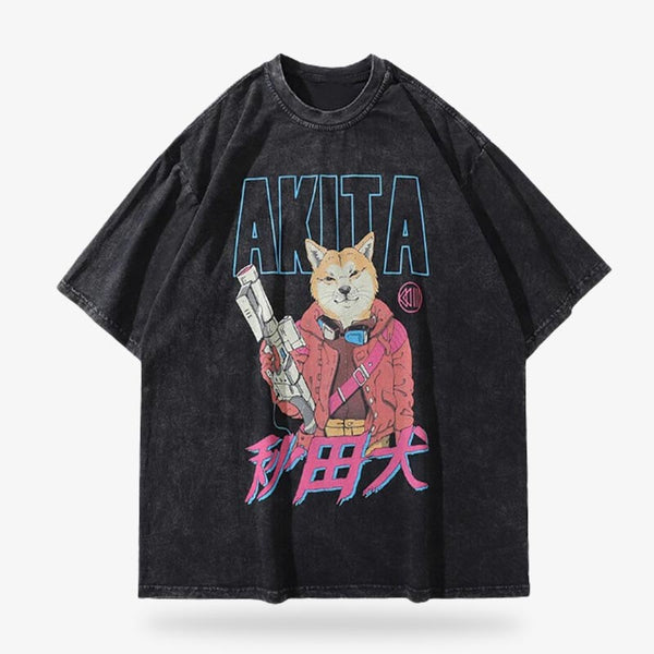 Ce t-shirt akita est imprimé avec le dessin style manga akira d'un chien japonais Akita Inu
