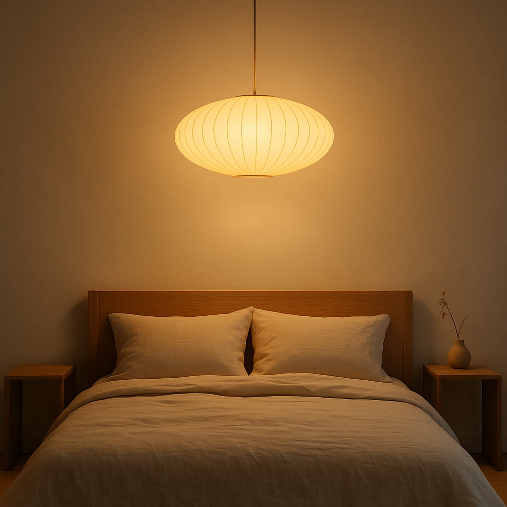 Chambre avec tête de lit en bois, deux oreillers et une suspension en soie japonaise diffusant une lumière chaleureuse