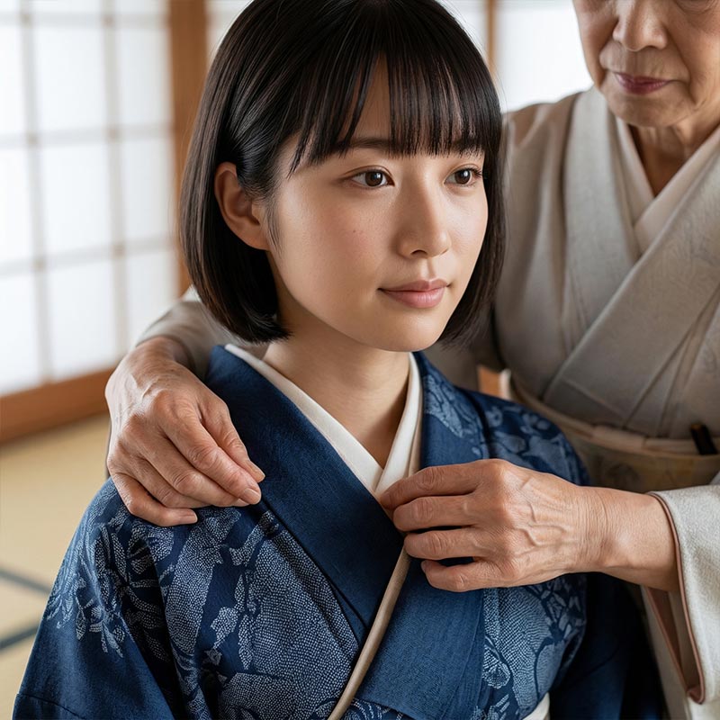 Une femme aide une autre femme à ajuster son kimono japaons bleu à l'intérieur d' une pièce japonaise traditionnelle