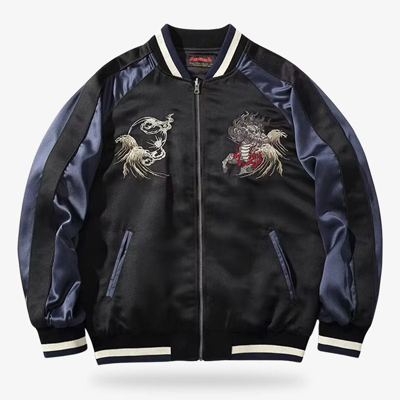 Blouson sukajan bleu inspiré des motifs japonais traditionnels
