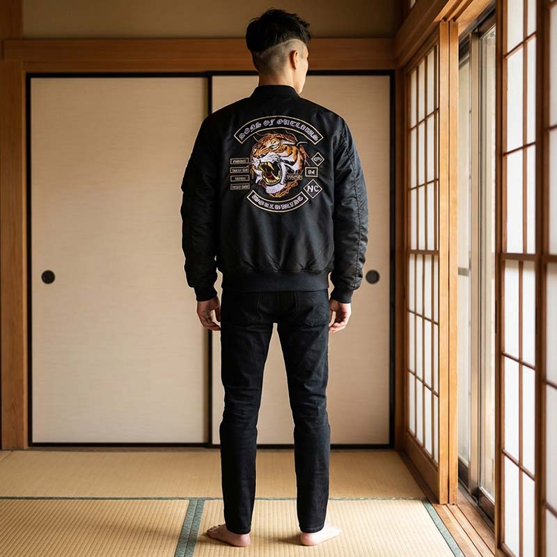 Blouson sukajan noir avec broderie tigre dans une pièce traditionnelle japonaise
