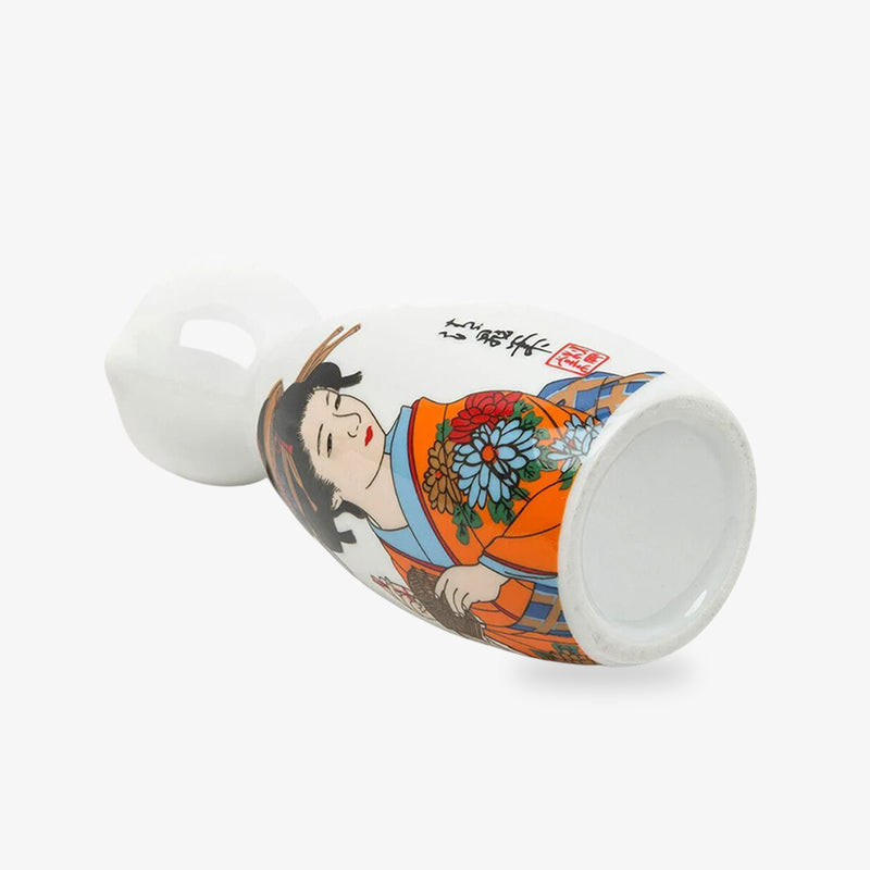 Bouteille à saké geisha en céramique blanche ornée d'un motif artistique japonais