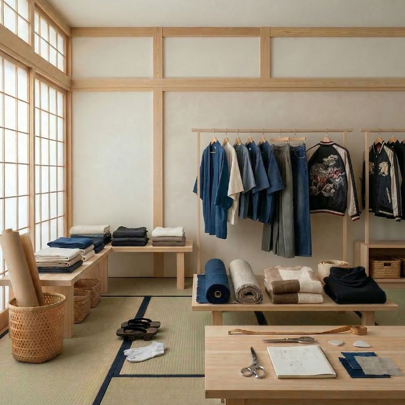 Une boutique de vetemenet japonais shogun japon avec des kimono, des vestes sukajan dans une pièce washitsu avec un panneau shoji et du tatami