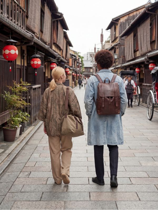 les deux fondateurs de la boutique vetement japonais kyoto marchent de dos dans une rue traditionnelle du Japon