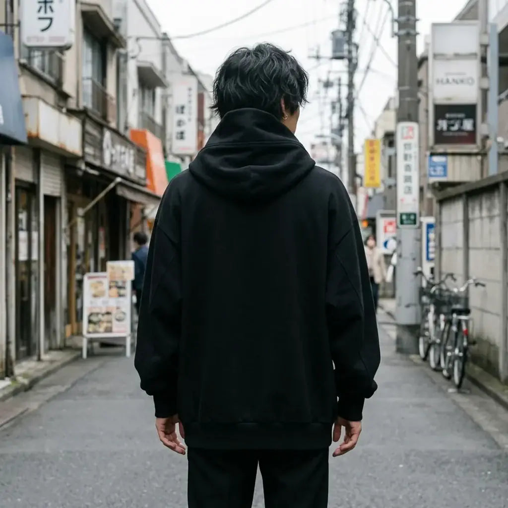 Dos du hoodie noir à col cheminée, uni noir avec la capuche haute remontant autour du cou