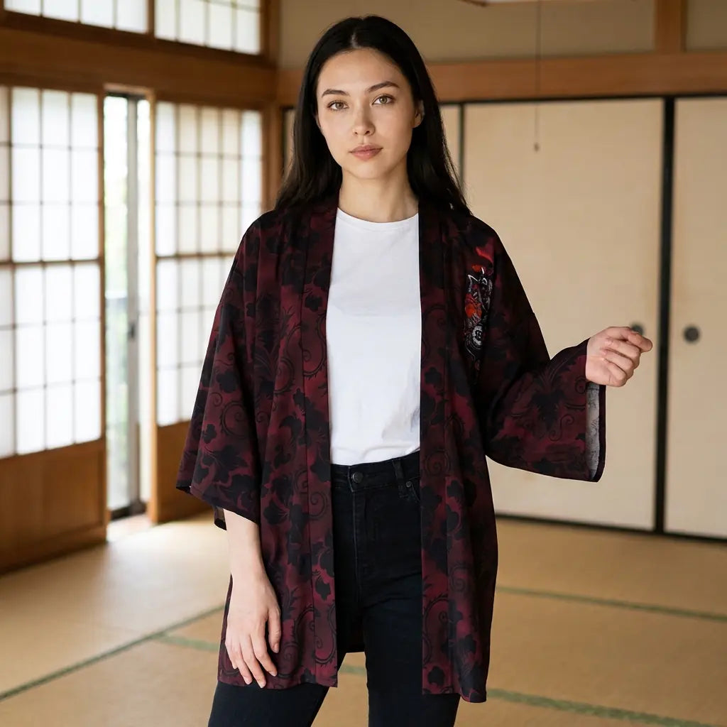 Le cardigan japonais rouge foncé vu de face devant des écrans shoji