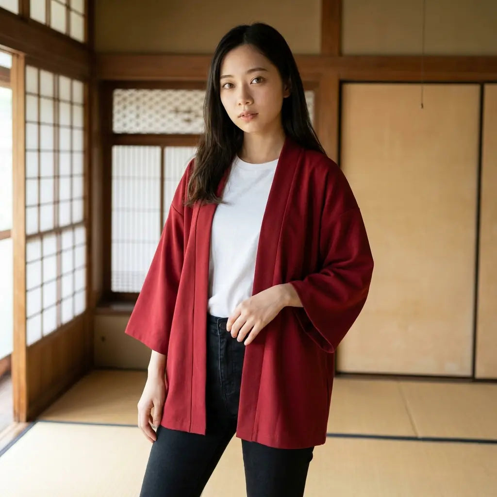 Le cardigan japonais rouge uni vu de face, une main dans la poche, sur un tatami