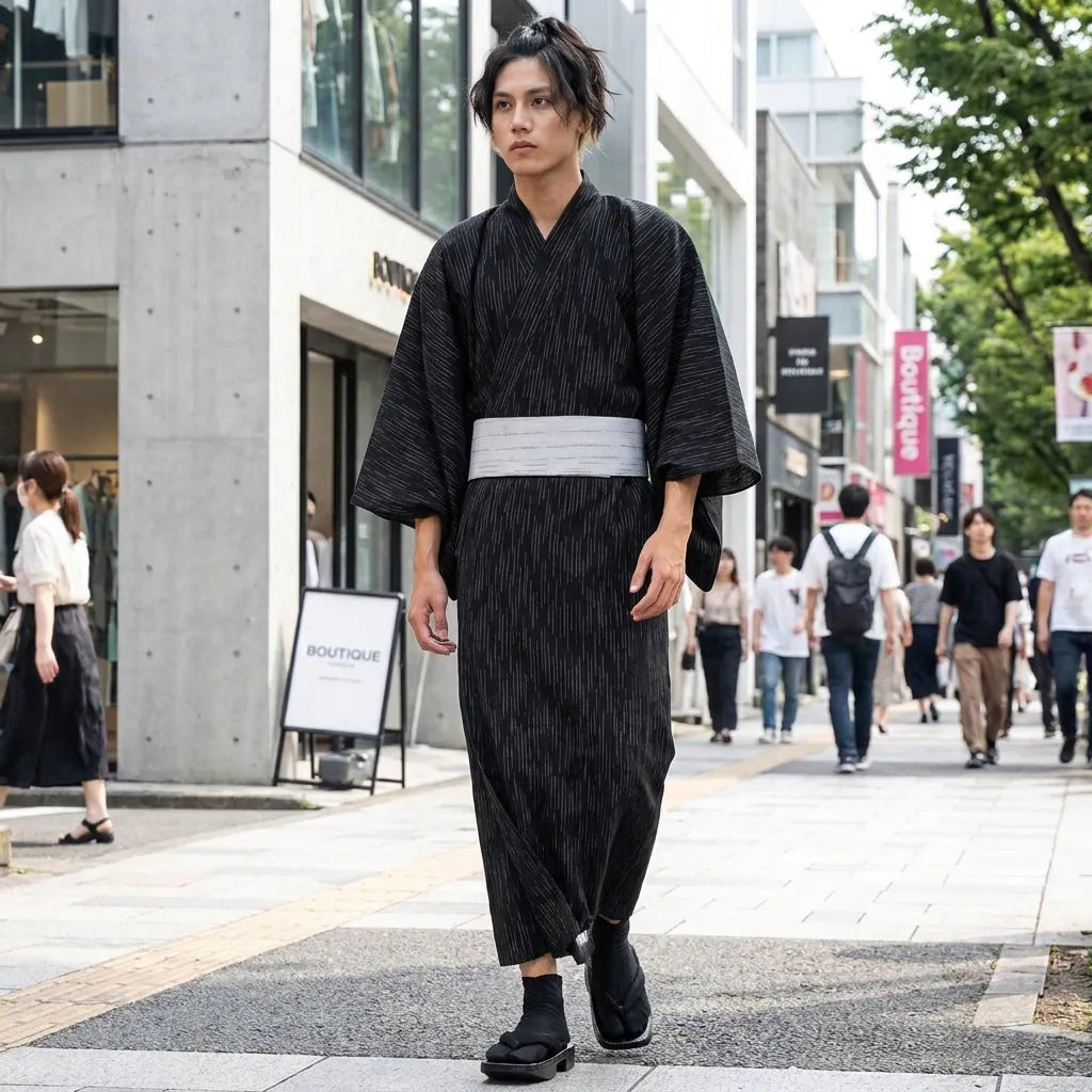 Détail de la ceinture obi assortie au kimono.