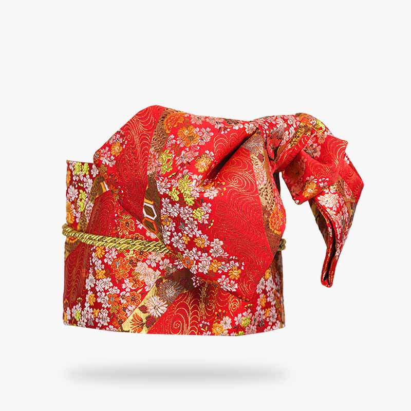 Ceinture obi sakura brodée de motifs floraux japonais sur tissu de coton rouge