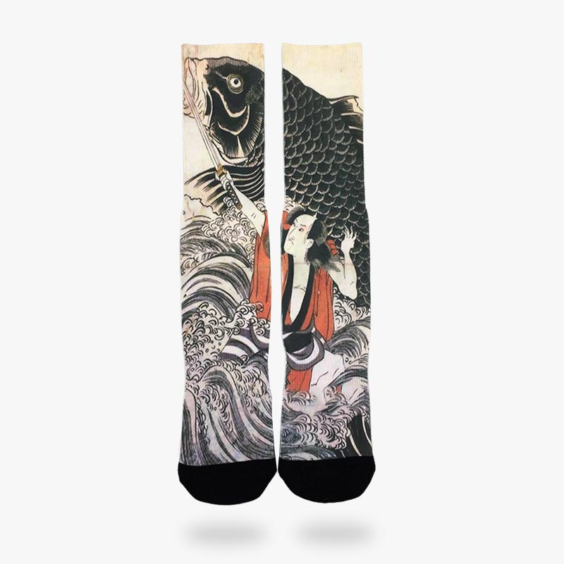 Chaussette Poisson Japonais motif carpe koi et samouraï