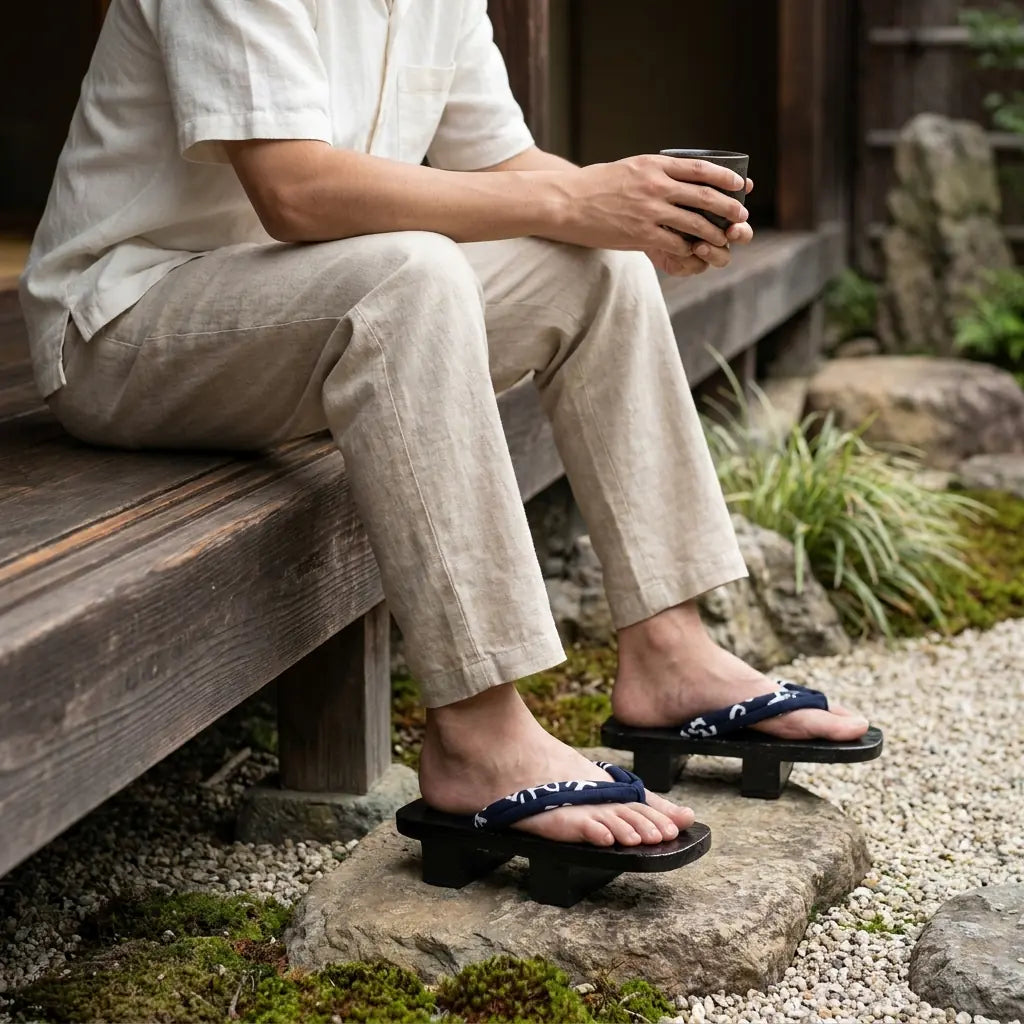 Chaussettes tabi japonaises portées avec des sandales geta sur un chemin de pierre